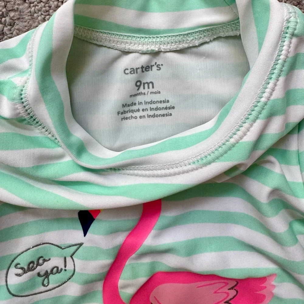 Carter’s 9m swim set with pink flamingo stripes top and ruffle bottom 🦩 VGUC